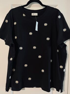 Black Tee with Daisy Embroidery